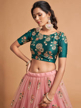 Load image into Gallery viewer, Lovely Peach Mirror work Soft Net Party Wear Lehenga Choli ClothsVilla