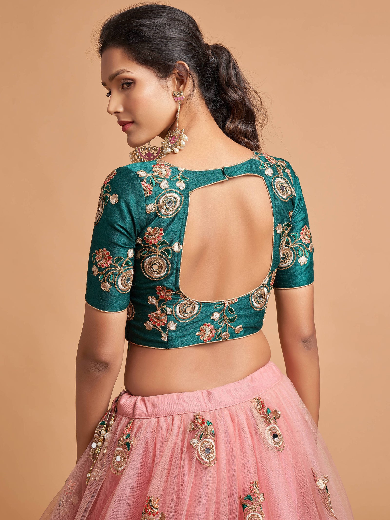 Lovely Peach Mirror work Soft Net Party Wear Lehenga Choli ClothsVilla