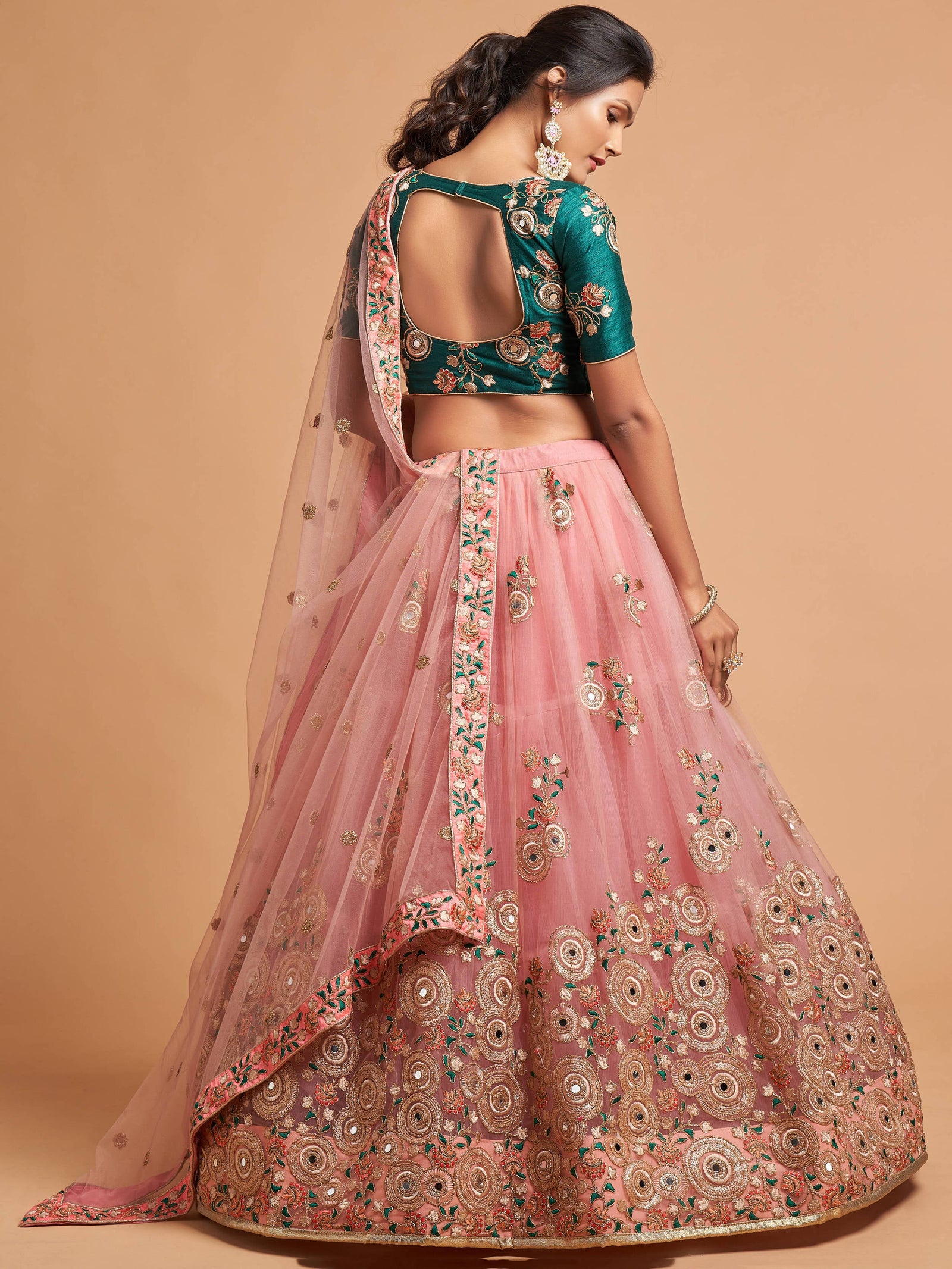 Lovely Peach Mirror work Soft Net Party Wear Lehenga Choli ClothsVilla