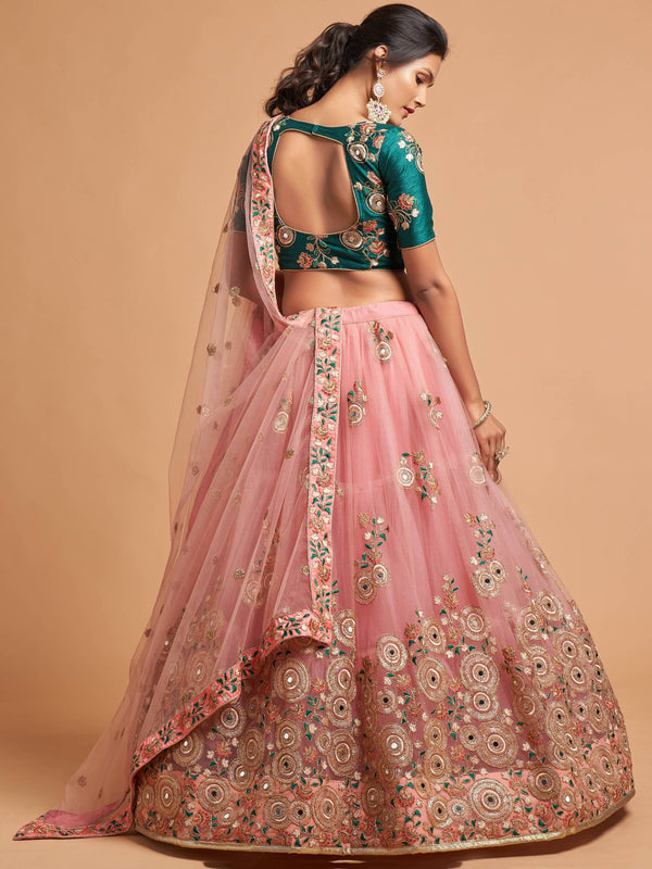 Lovely Peach Mirror work Soft Net Party Wear Lehenga Choli ClothsVilla