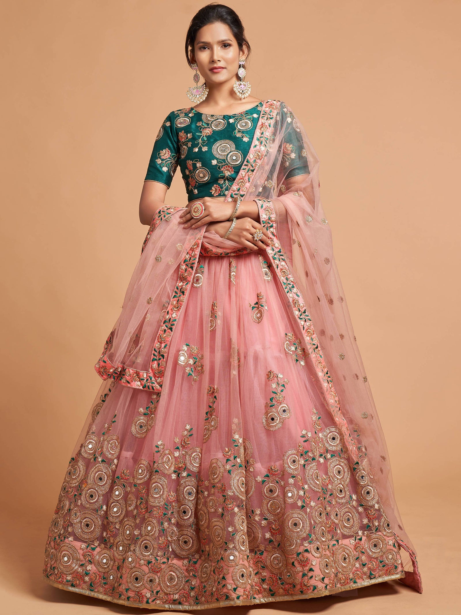 Lovely Peach Mirror work Soft Net Party Wear Lehenga Choli ClothsVilla