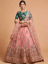 Load image into Gallery viewer, Lovely Peach Mirror work Soft Net Party Wear Lehenga Choli ClothsVilla