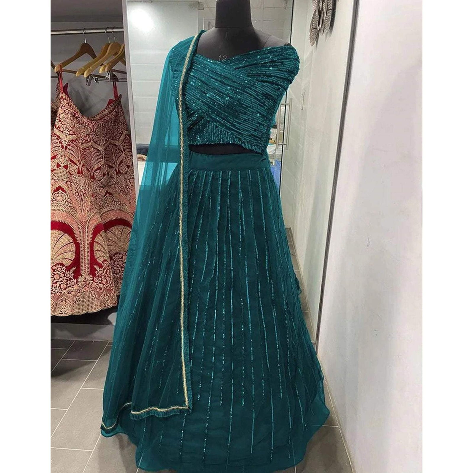 Designer Blue Lehenga with Heavy Embroidery Sequence Work and Net Dupatta ClothsVilla