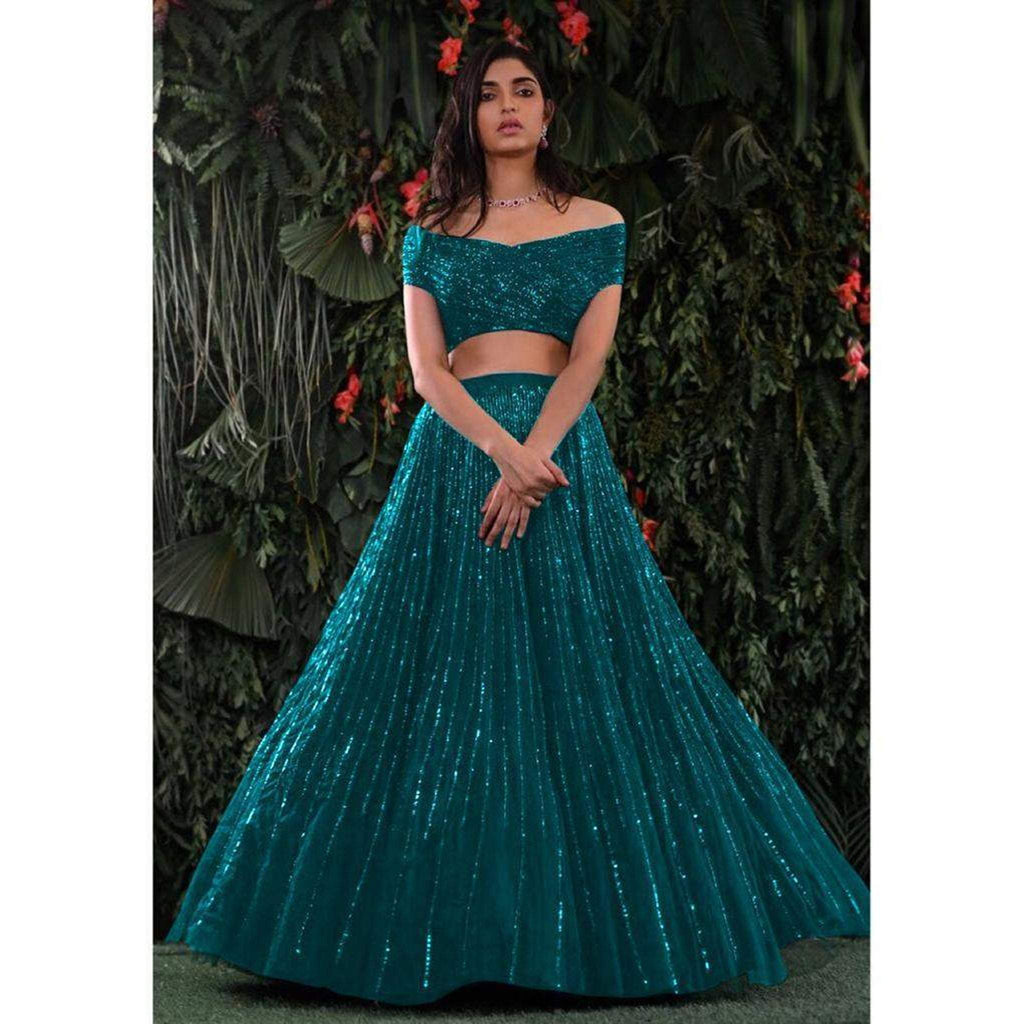 Designer Blue Lehenga with Heavy Embroidery Sequence Work and Net Dupatta ClothsVilla