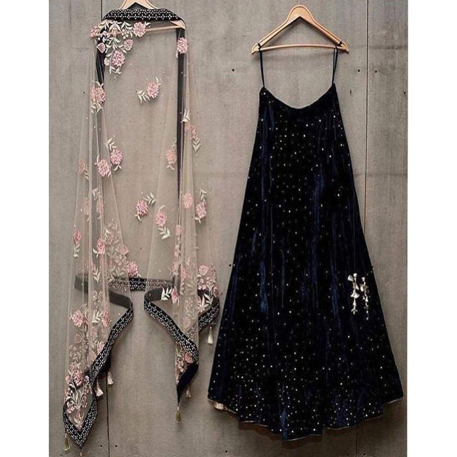 Designer Classy Black Velvet Lehenga with Pearl Work Net Dupatta ClothsVilla