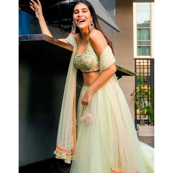 Designer Classy Mint Green Resham Soft Net Lehenga Choli with Embroidery Blouse ClothsVilla