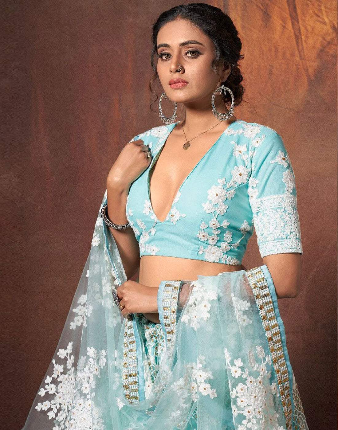 Lehenga Choli in Baby Blue Color with Soft Net Fabrics, Resham, and Sequence Work ClothsVilla