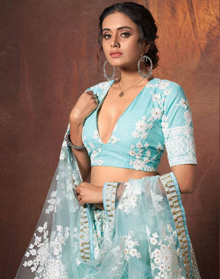 Lehenga Choli in Baby Blue Color with Soft Net Fabrics, Resham, and Sequence Work ClothsVilla