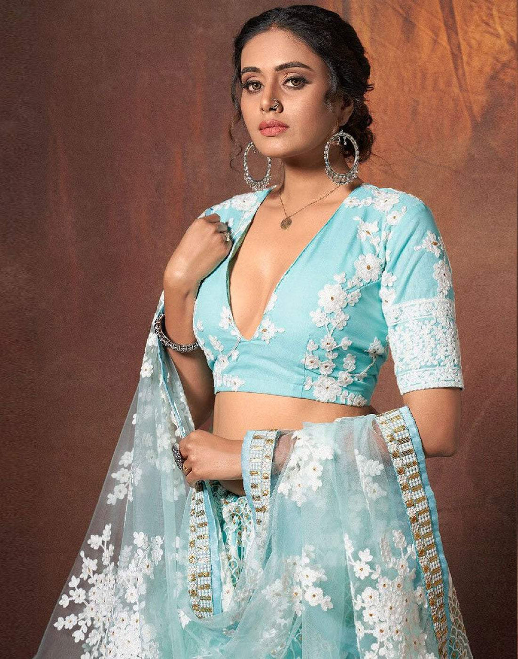 Lehenga Choli in Baby Blue Color with Soft Net Fabrics, Resham, and Sequence Work ClothsVilla