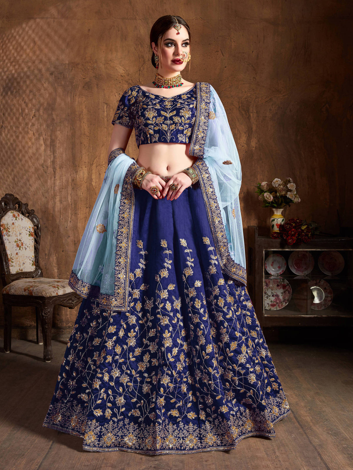 Graceful Navy Blue Zari Work Banglory Silk Bridal Lehenga Choli ClothsVilla Main image