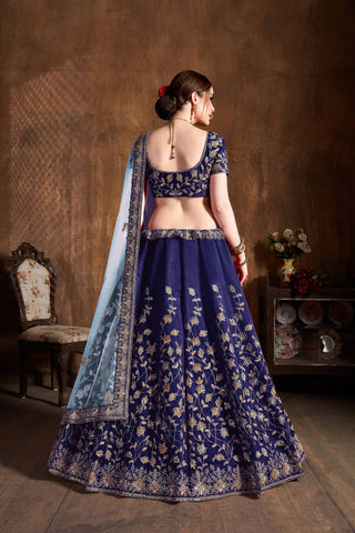 Graceful Navy Blue Zari Work Banglory Silk Bridal Lehenga Choli ClothsVilla