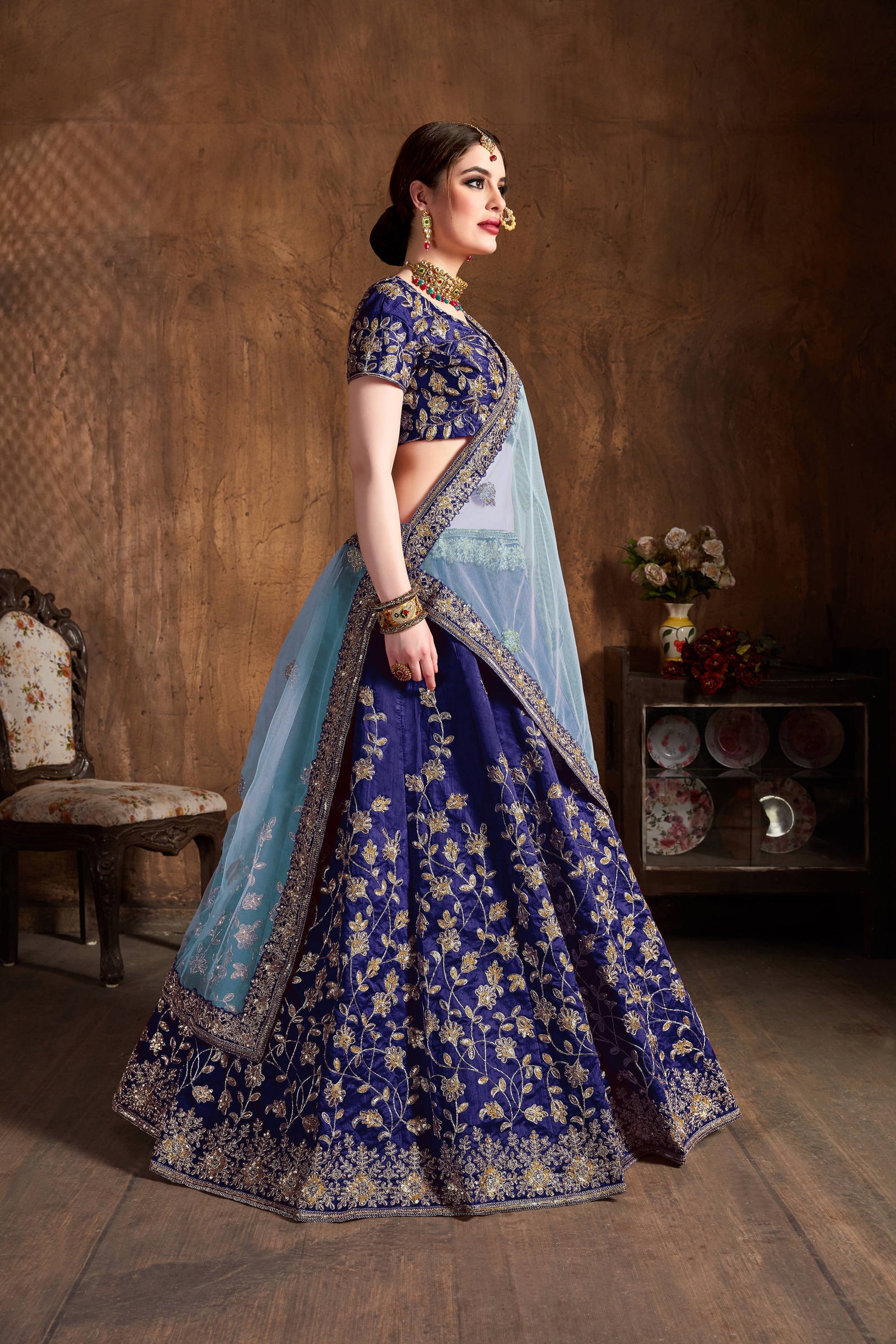 Graceful Navy Blue Zari Work Banglory Silk Bridal Lehenga Choli ClothsVilla