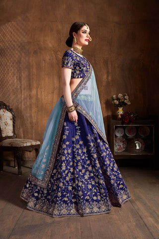 Graceful Navy Blue Zari Work Banglory Silk Bridal Lehenga Choli ClothsVilla