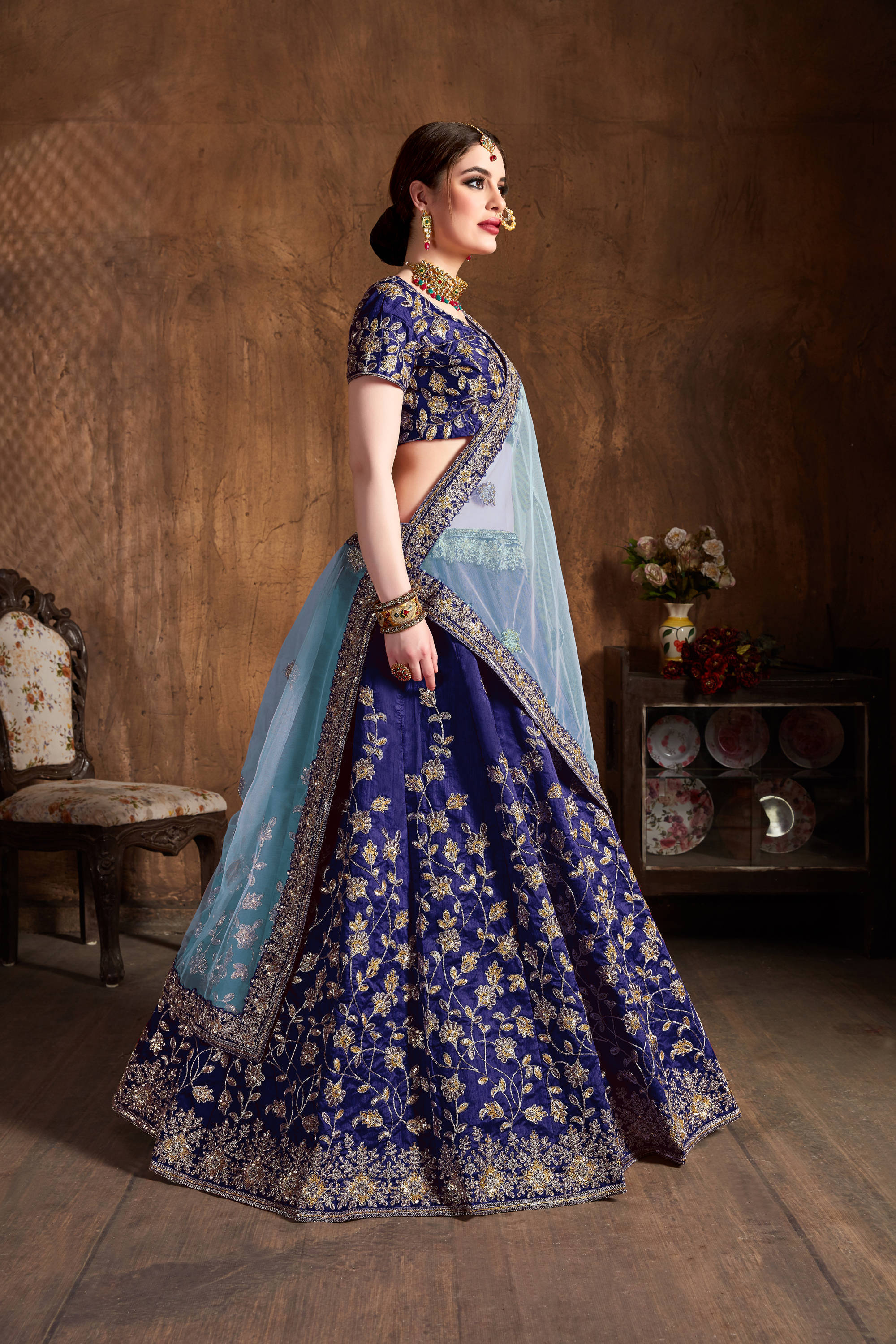 Graceful Navy Blue Zari Work Banglory Silk Bridal Lehenga Choli ClothsVilla