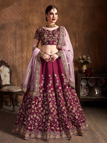 Delightful Maroon Zari Work Banglory Silk Bridal Lehenga Choli ClothsVilla