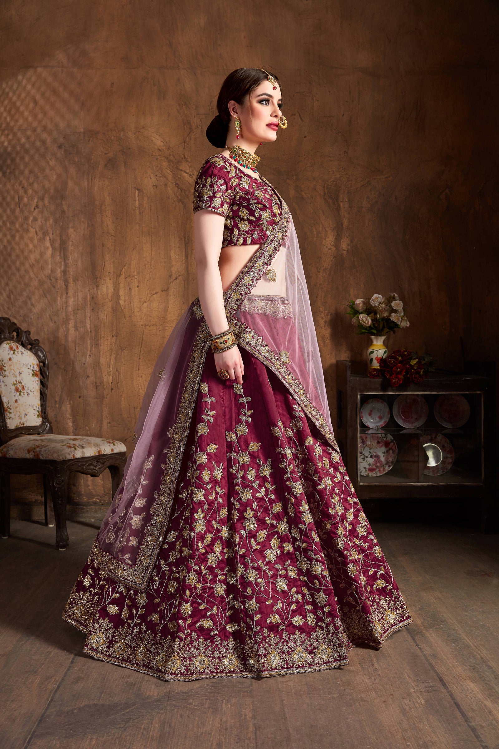 Delightful Maroon Zari Work Banglory Silk Bridal Lehenga Choli ClothsVilla