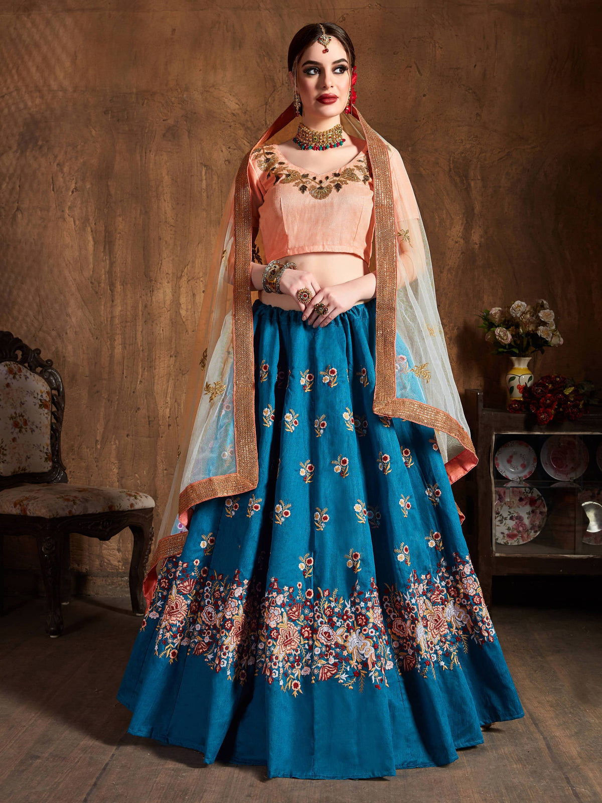 Stunning Teal Blue Thread Work Raw Silk Bridal Lehenga Choli ClothsVilla Main image