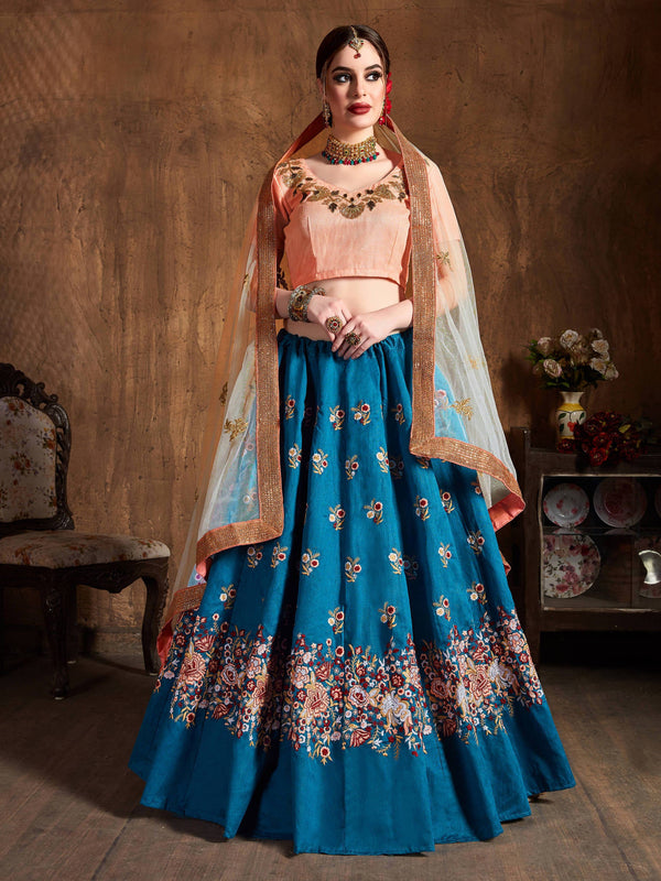 Stunning Teal Blue Thread Work Raw Silk Bridal Lehenga Choli ClothsVilla