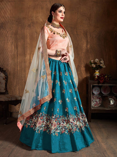 Stunning Teal Blue Thread Work Raw Silk Bridal Lehenga Choli ClothsVilla