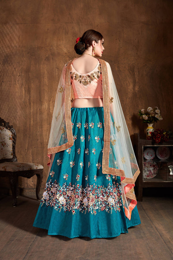 Stunning Teal Blue Thread Work Raw Silk Bridal Lehenga Choli ClothsVilla