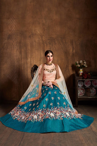 Stunning Teal Blue Thread Work Raw Silk Bridal Lehenga Choli ClothsVilla
