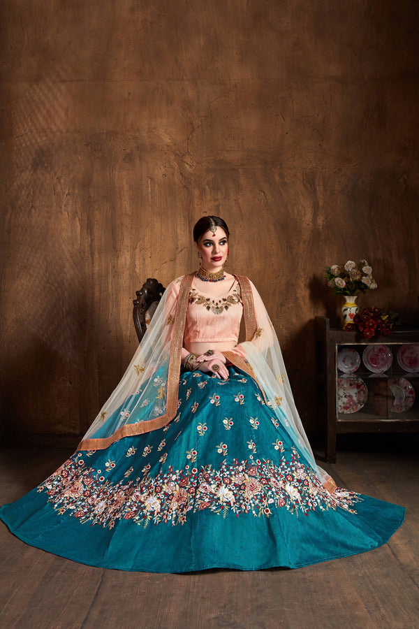 Stunning Teal Blue Thread Work Raw Silk Bridal Lehenga Choli ClothsVilla