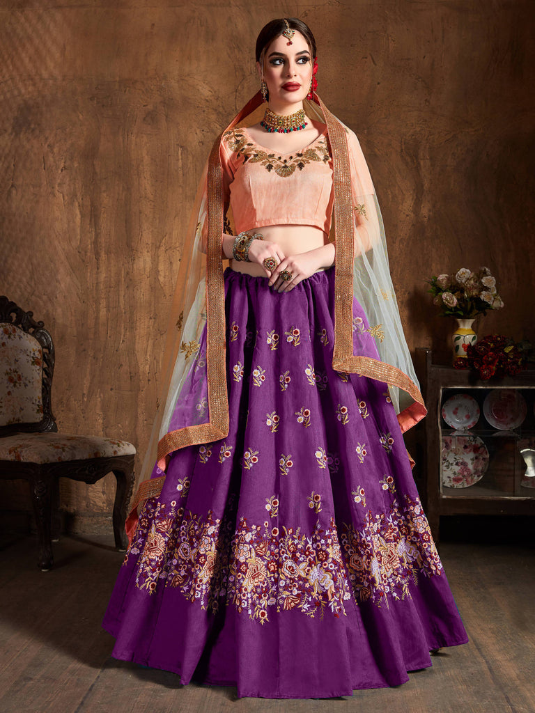 Marvelous Purple Thread Work Raw Silk Bridal Lehenga Choli ClothsVilla