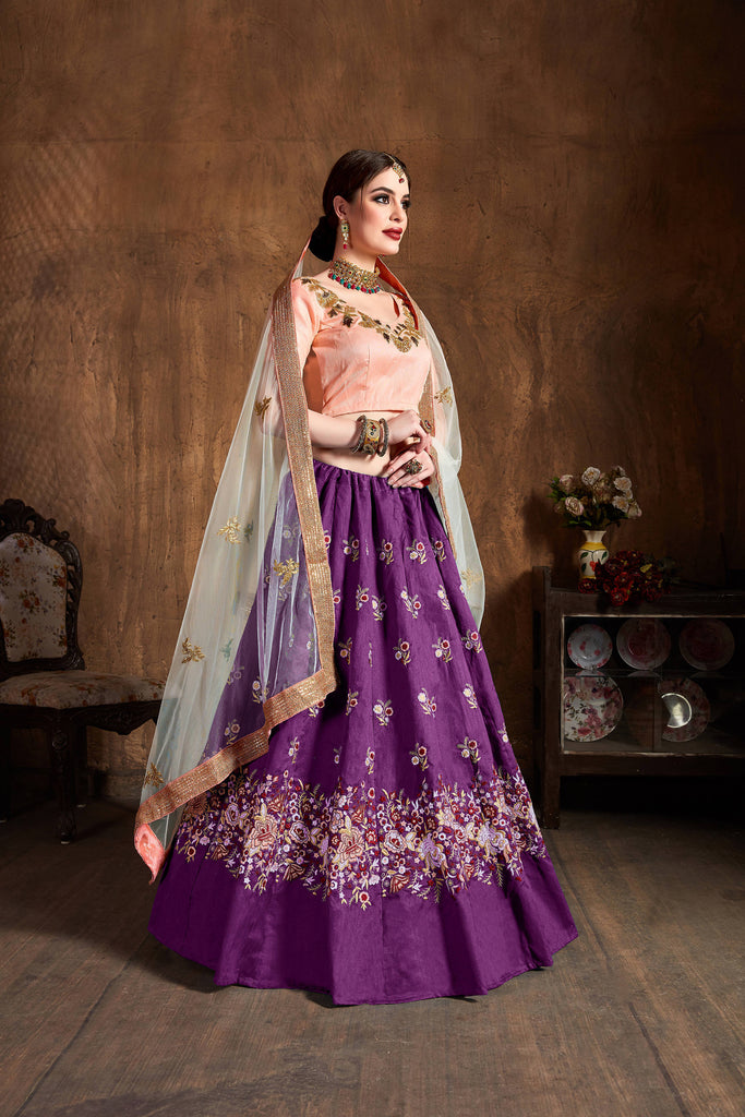 Marvelous Purple Thread Work Raw Silk Bridal Lehenga Choli ClothsVilla