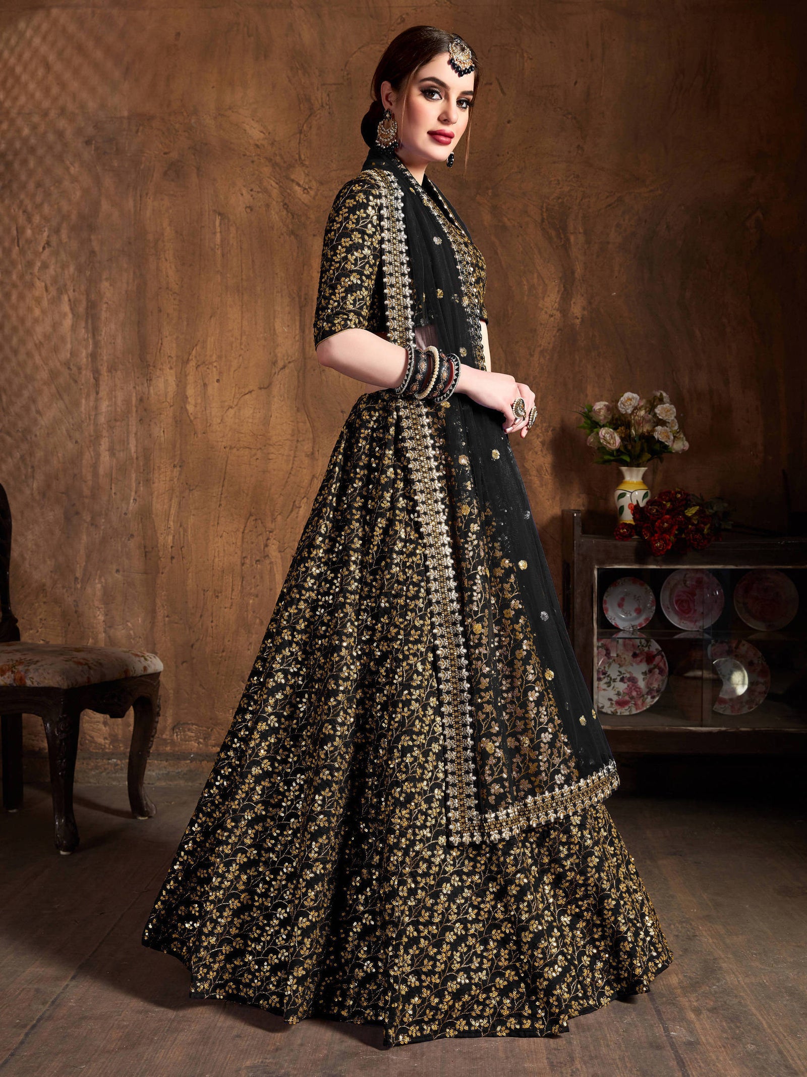Desirable Black Sequins Raw Silk Bridal Lehenga Choli ClothsVilla