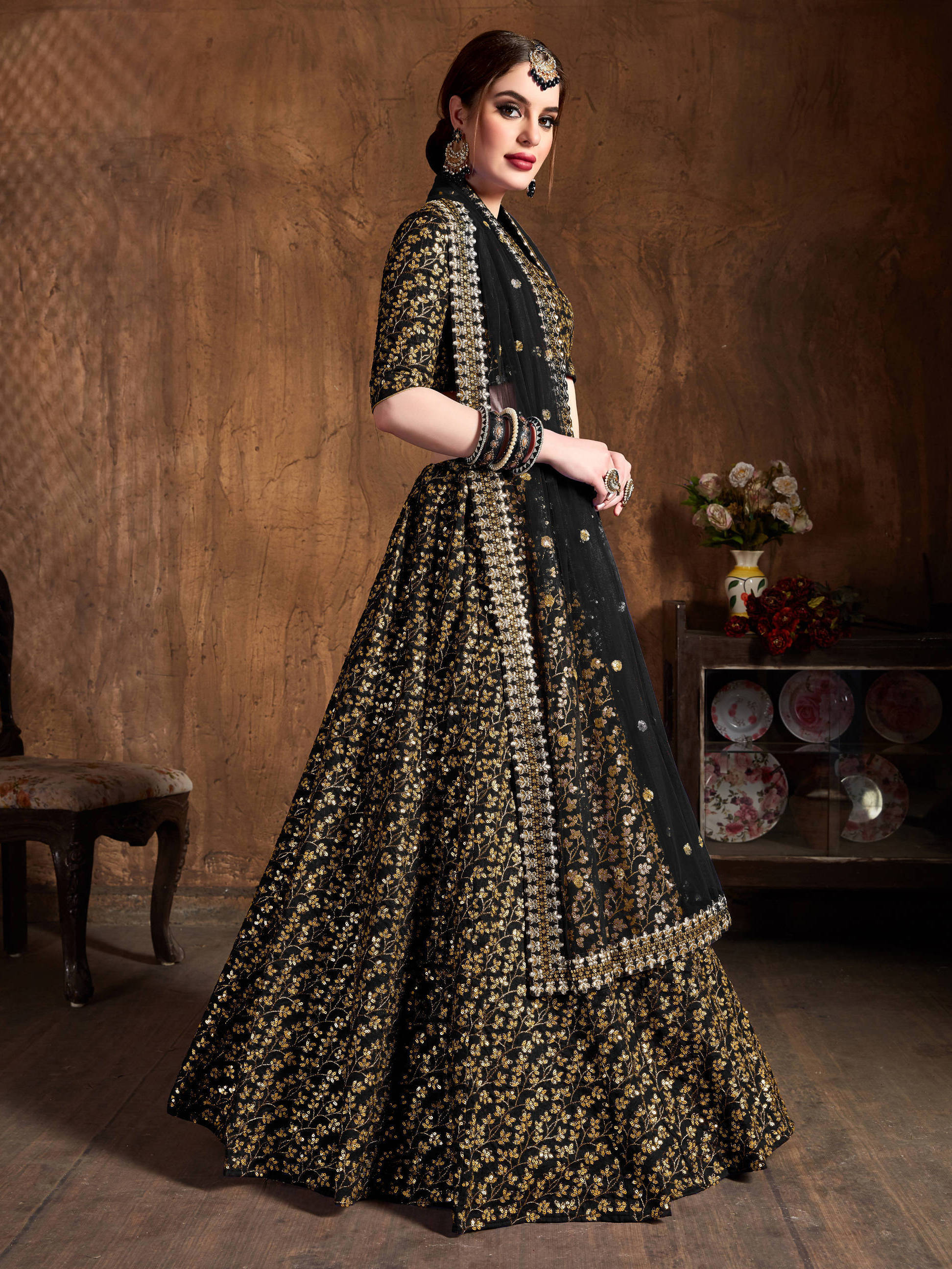 Desirable Black Sequins Raw Silk Bridal Lehenga Choli ClothsVilla Main image
