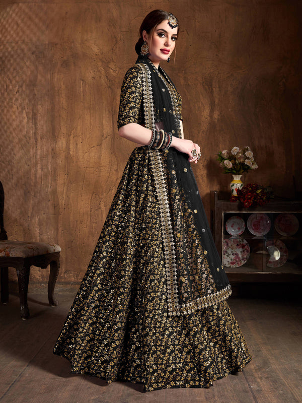 Desirable Black Sequins Raw Silk Bridal Lehenga Choli ClothsVilla