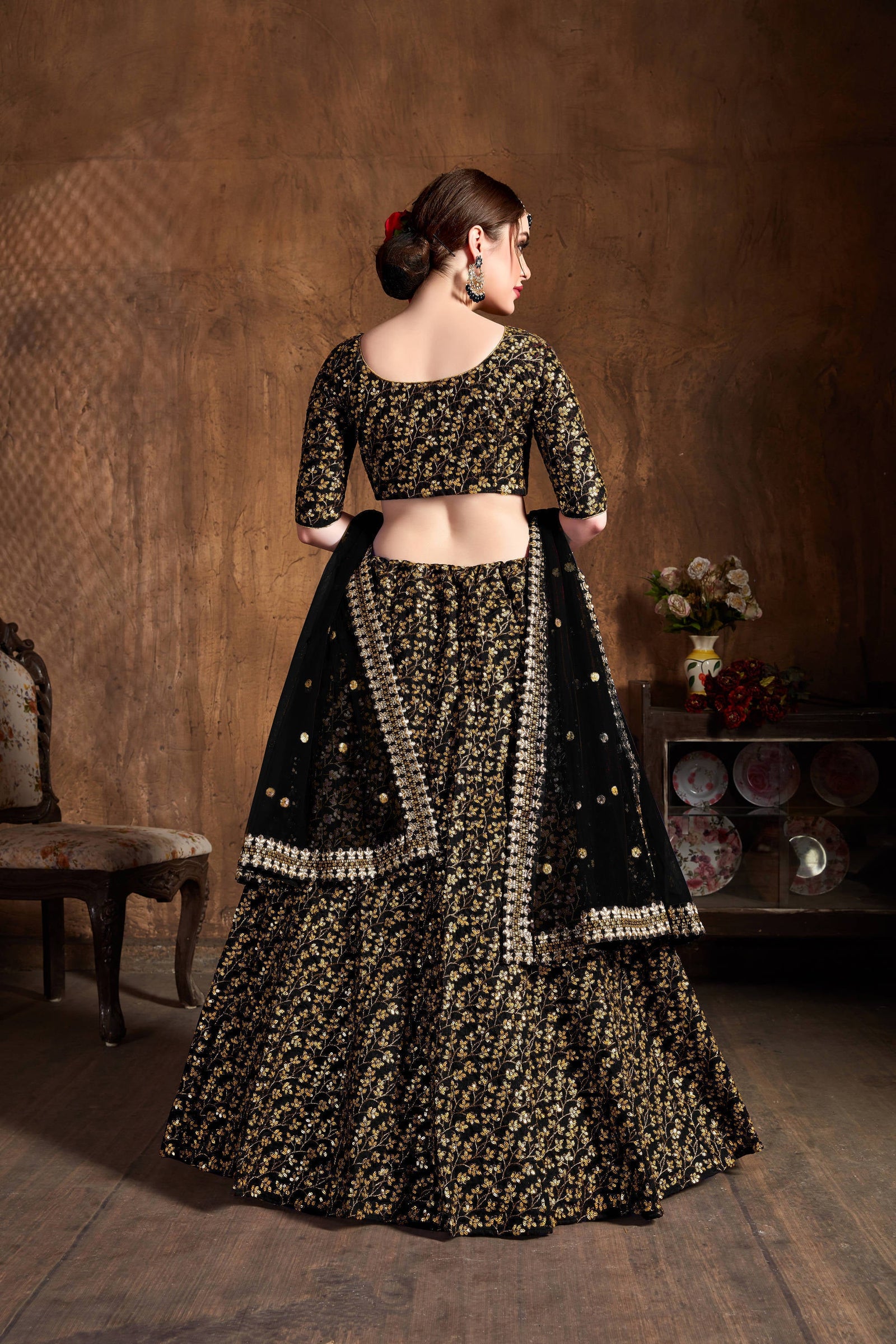 Desirable Black Sequins Raw Silk Bridal Lehenga Choli ClothsVilla