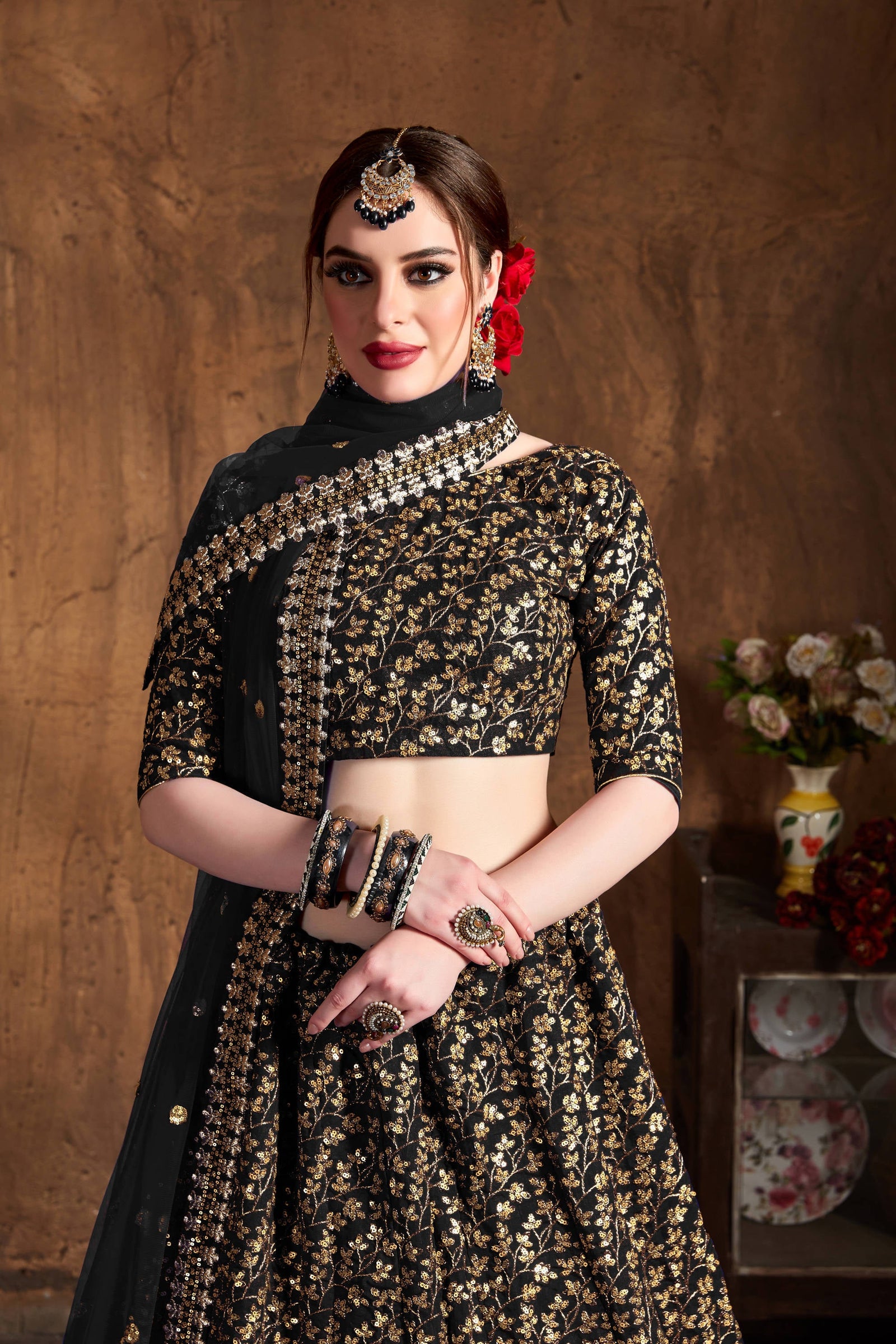 Desirable Black Sequins Raw Silk Bridal Lehenga Choli ClothsVilla