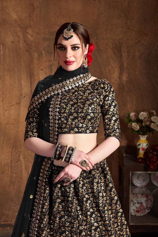 Desirable Black Sequins Raw Silk Bridal Lehenga Choli ClothsVilla