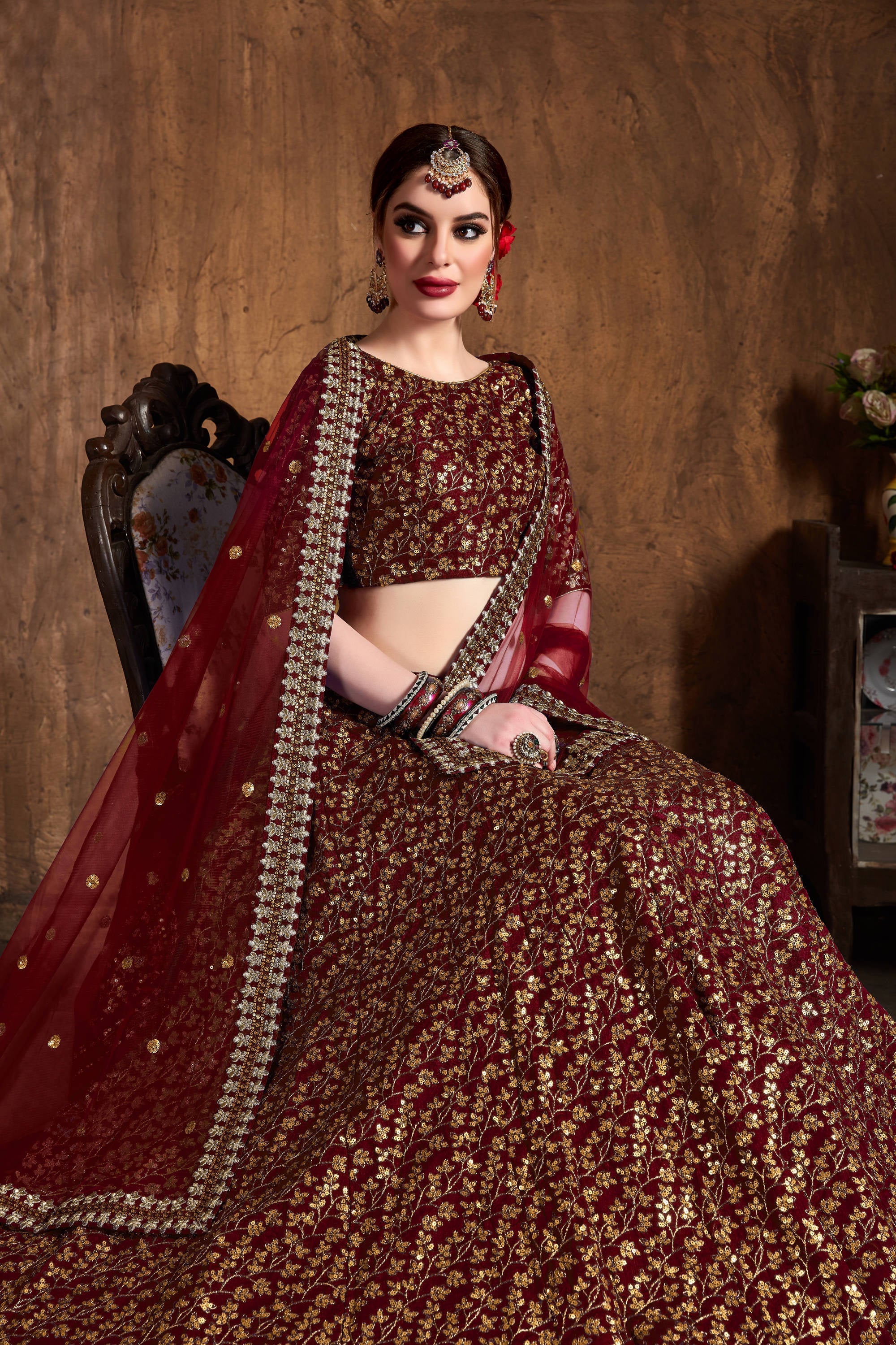 Breathtaking Maroon Sequins Raw Silk Bridal Lehenga Choli Secondary image