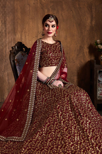 Breathtaking Maroon Sequins Raw Silk Bridal Lehenga Choli ClothsVilla