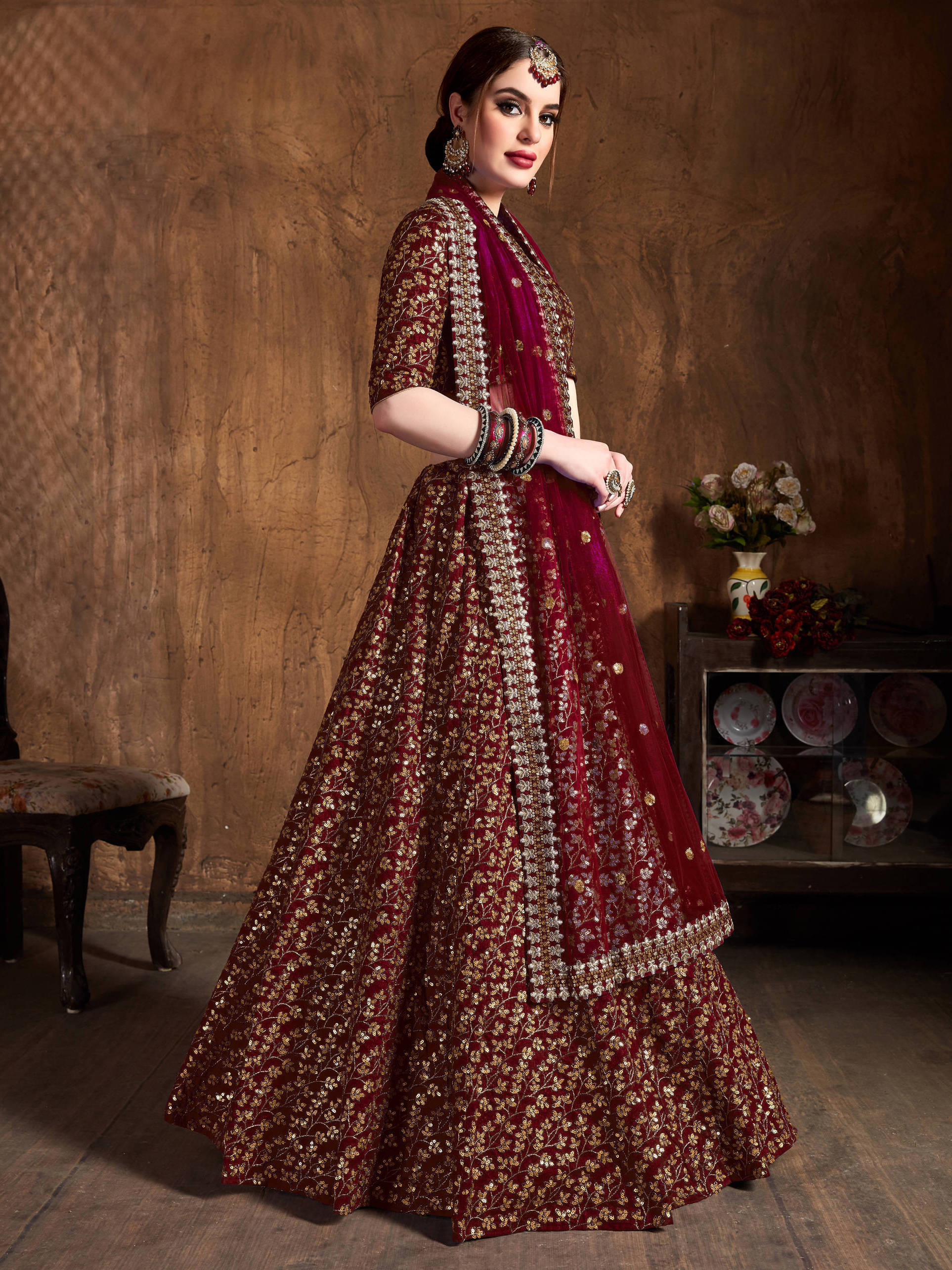 Breathtaking Maroon Sequins Raw Silk Bridal Lehenga Choli ClothsVilla Main image
