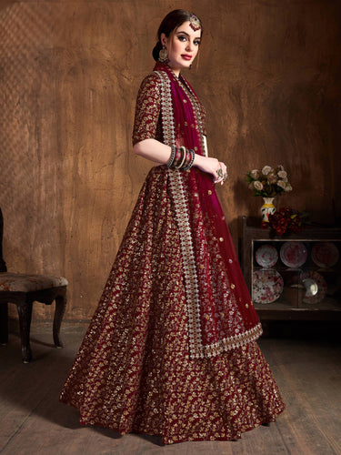 Breathtaking Maroon Sequins Raw Silk Bridal Lehenga Choli ClothsVilla