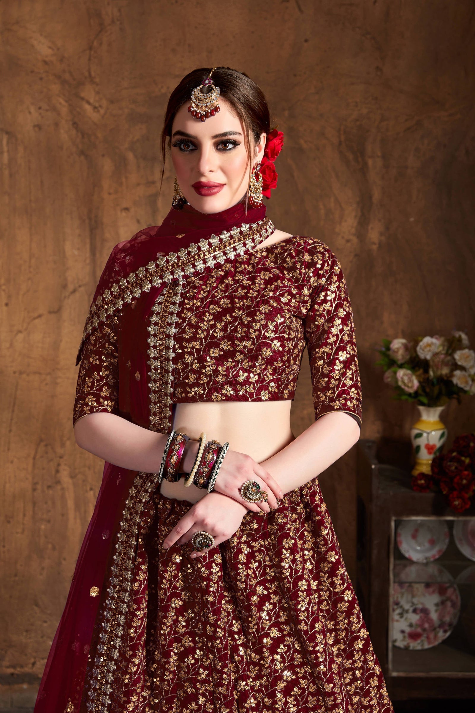 Breathtaking Maroon Sequins Raw Silk Bridal Lehenga Choli ClothsVilla