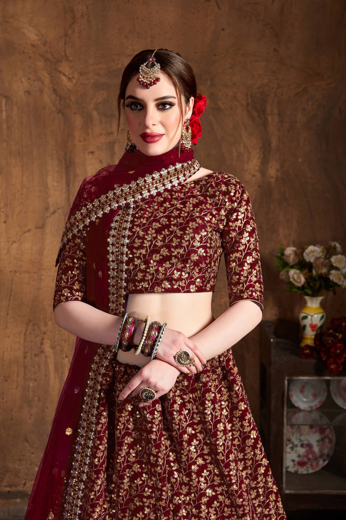 Wedding Function Wear Velvet Fabric Embroidered Maroon Color Lehenga Choli