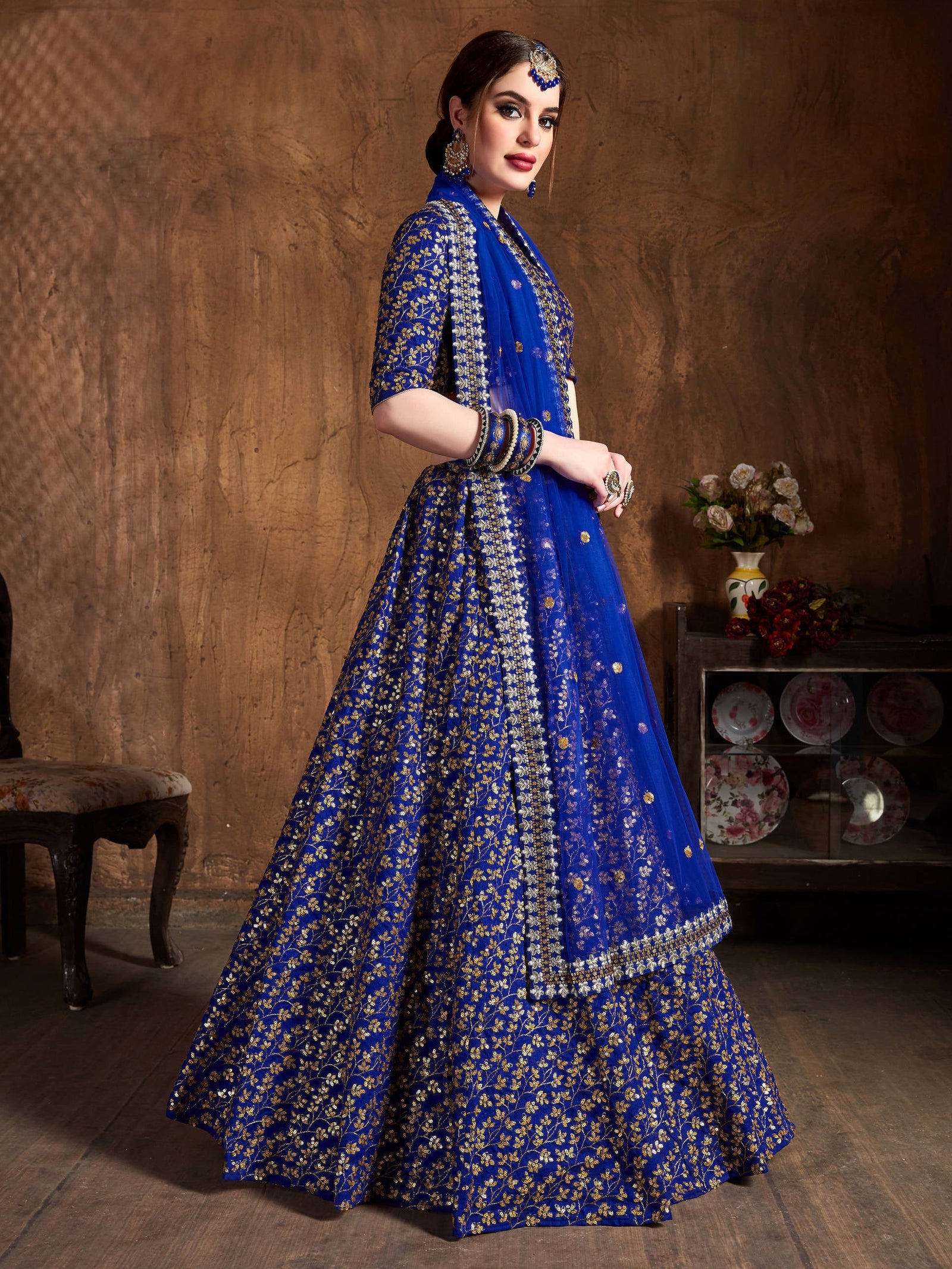 Intricate Royal Blue Sequins Raw Silk Bridal Lehenga Choli ClothsVilla