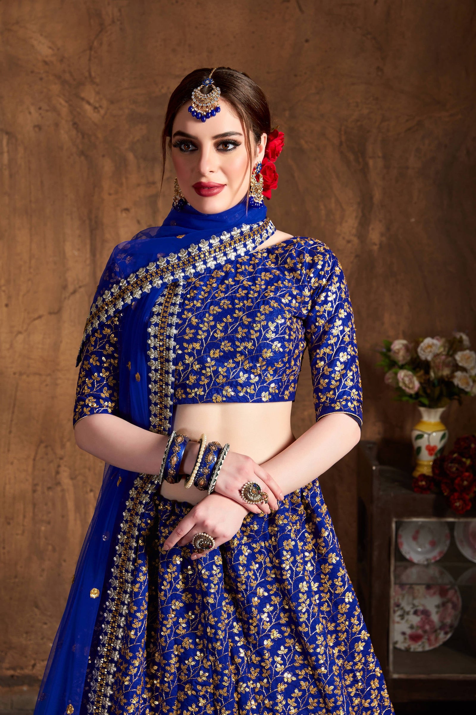 Intricate Royal Blue Sequins Raw Silk Bridal Lehenga Choli ClothsVilla