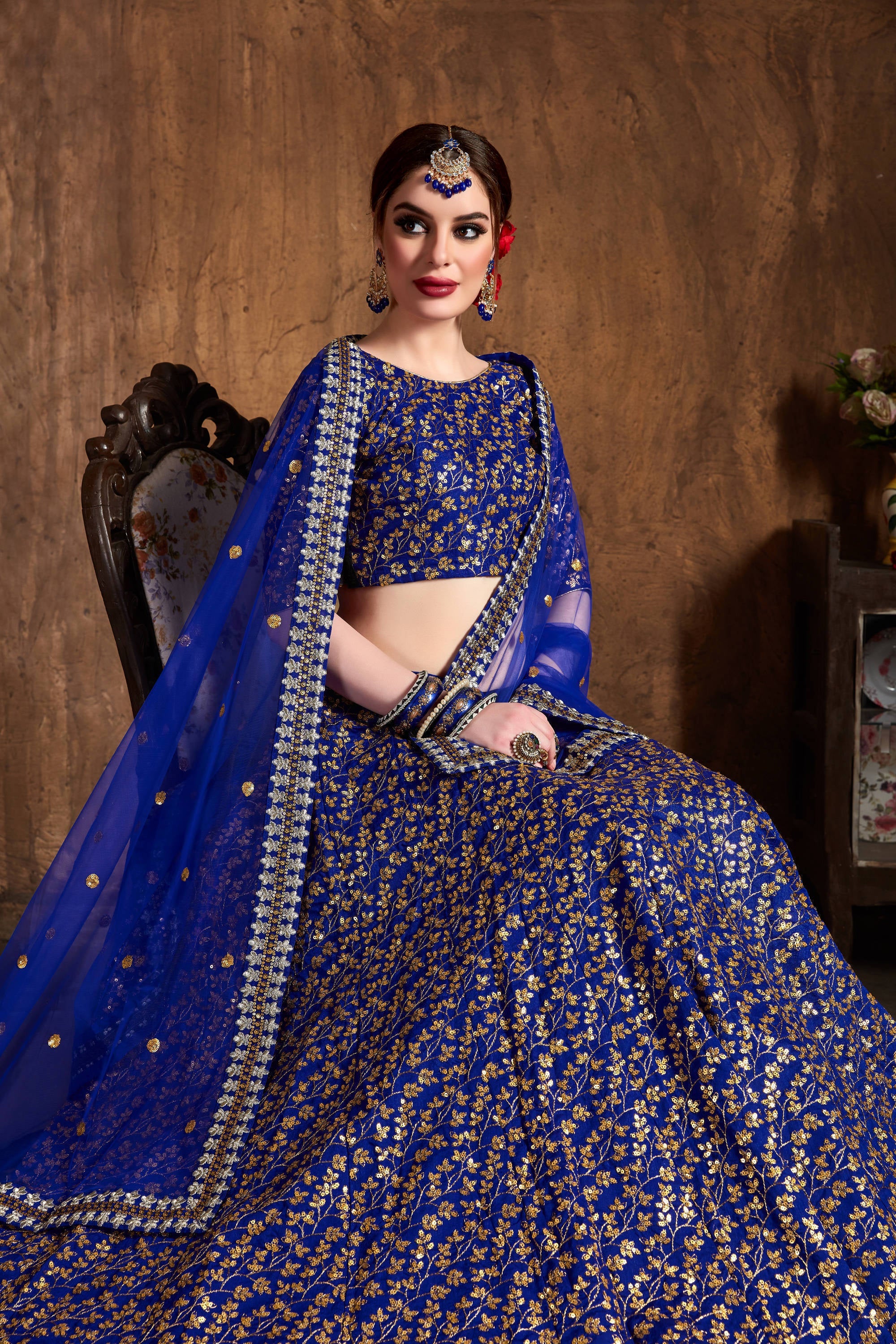 Intricate Royal Blue Sequins Raw Silk Bridal Lehenga Choli Secondary image