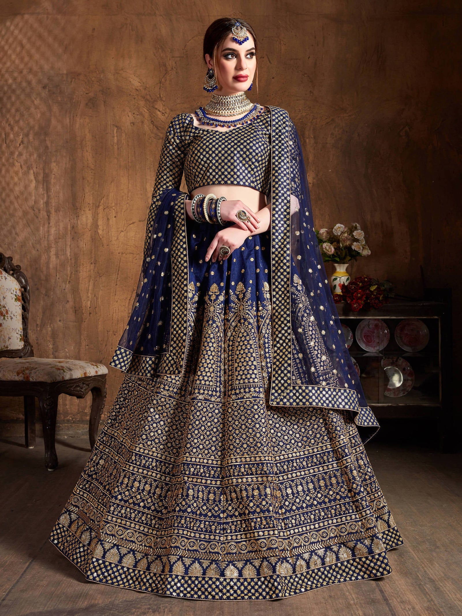Demanding Navy Blue Sequins Raw Silk Wedding Lehenga Choli ClothsVilla