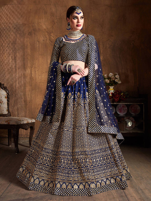 Demanding Navy Blue Sequins Raw Silk Wedding Lehenga Choli ClothsVilla