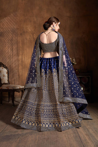 Demanding Navy Blue Sequins Raw Silk Wedding Lehenga Choli ClothsVilla