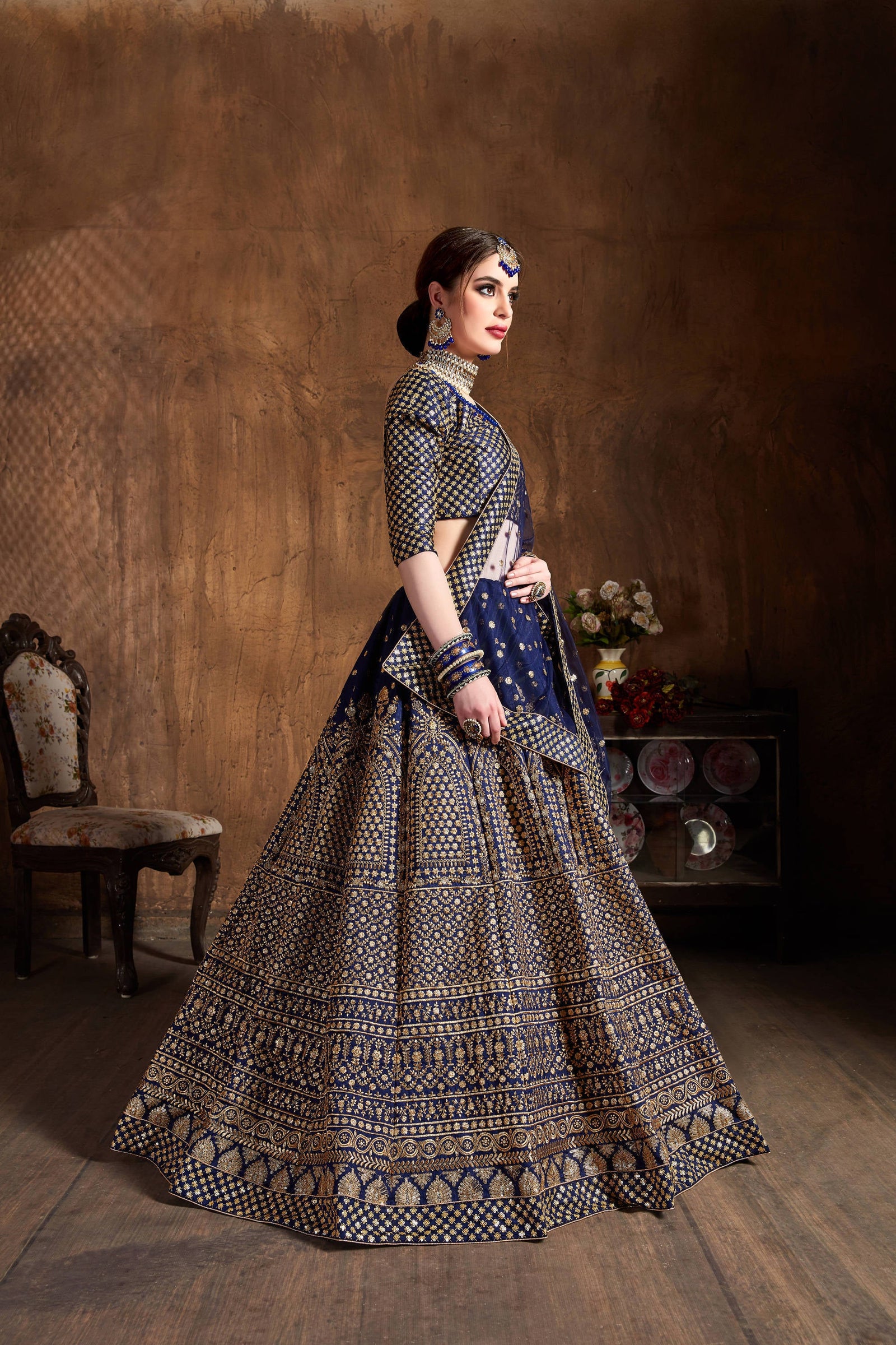 Demanding Navy Blue Sequins Raw Silk Wedding Lehenga Choli ClothsVilla