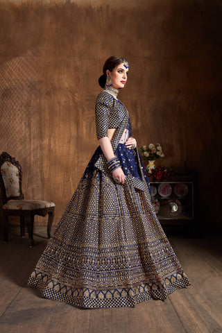 Demanding Navy Blue Sequins Raw Silk Wedding Lehenga Choli ClothsVilla