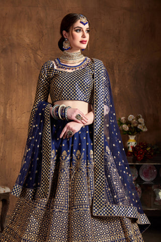 Demanding Navy Blue Sequins Raw Silk Wedding Lehenga Choli ClothsVilla
