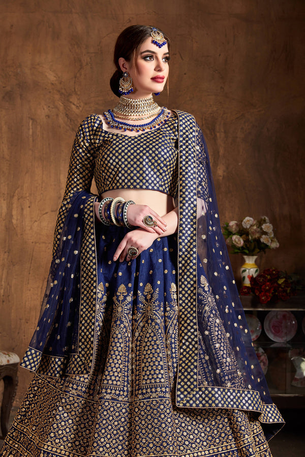 Demanding Navy Blue Sequins Raw Silk Wedding Lehenga Choli ClothsVilla